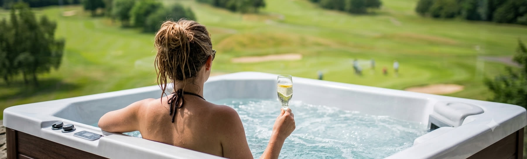 Persona relajándose en un jacuzzi de una azotea privada de Vista Golf II, con vista abierta al Club de Golf La Dehesa