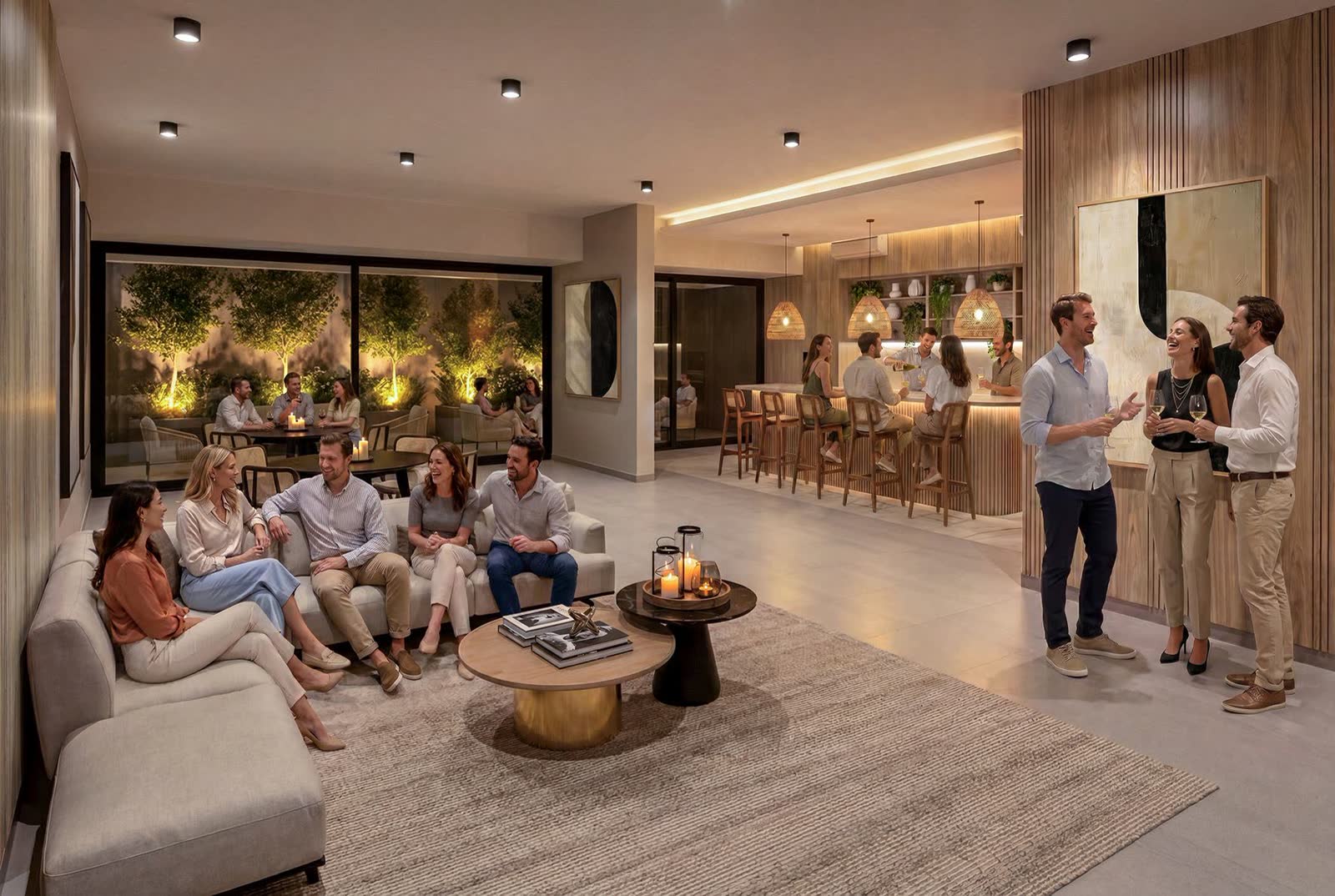 Salón Gourmet de Vista Golf II, con cocina integrada y terraza hacia el paisajismo