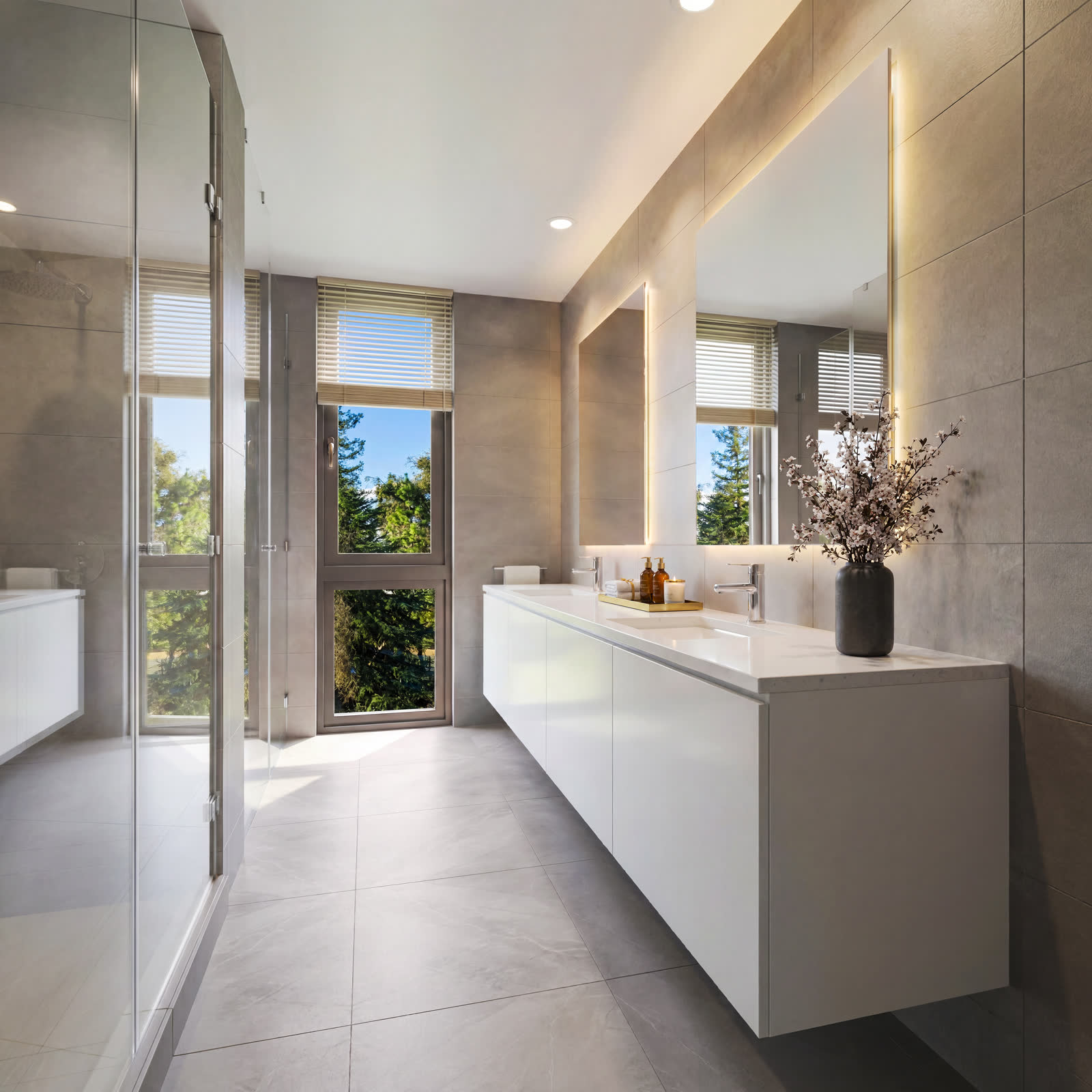 Baño principal del piloto, con porcelanato de gran formato, mobiliario suspendido y grifería Kohler