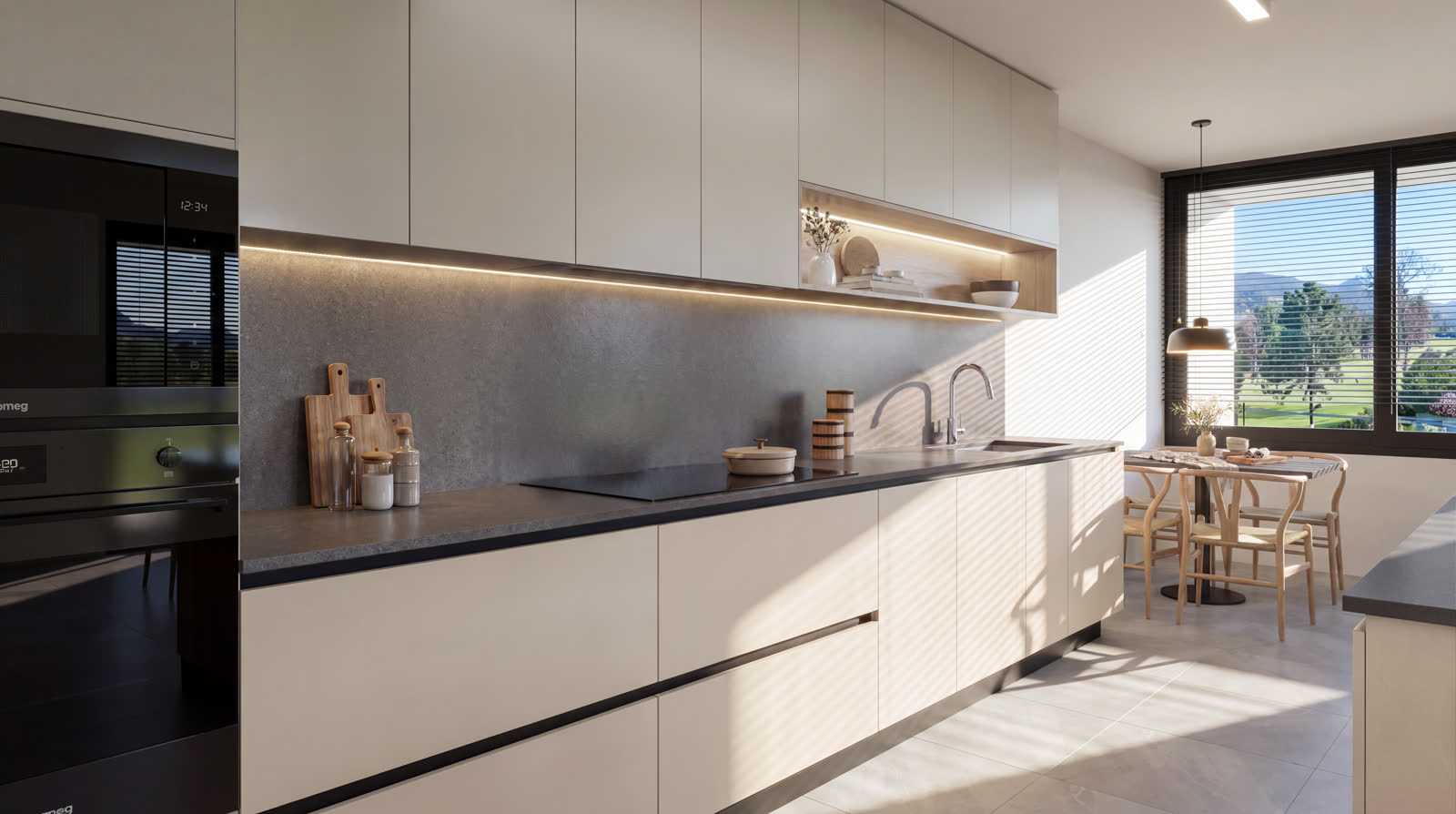 Cocina del departamento, equipada con electrodomésticos Smeg y cubiertas Surfaces