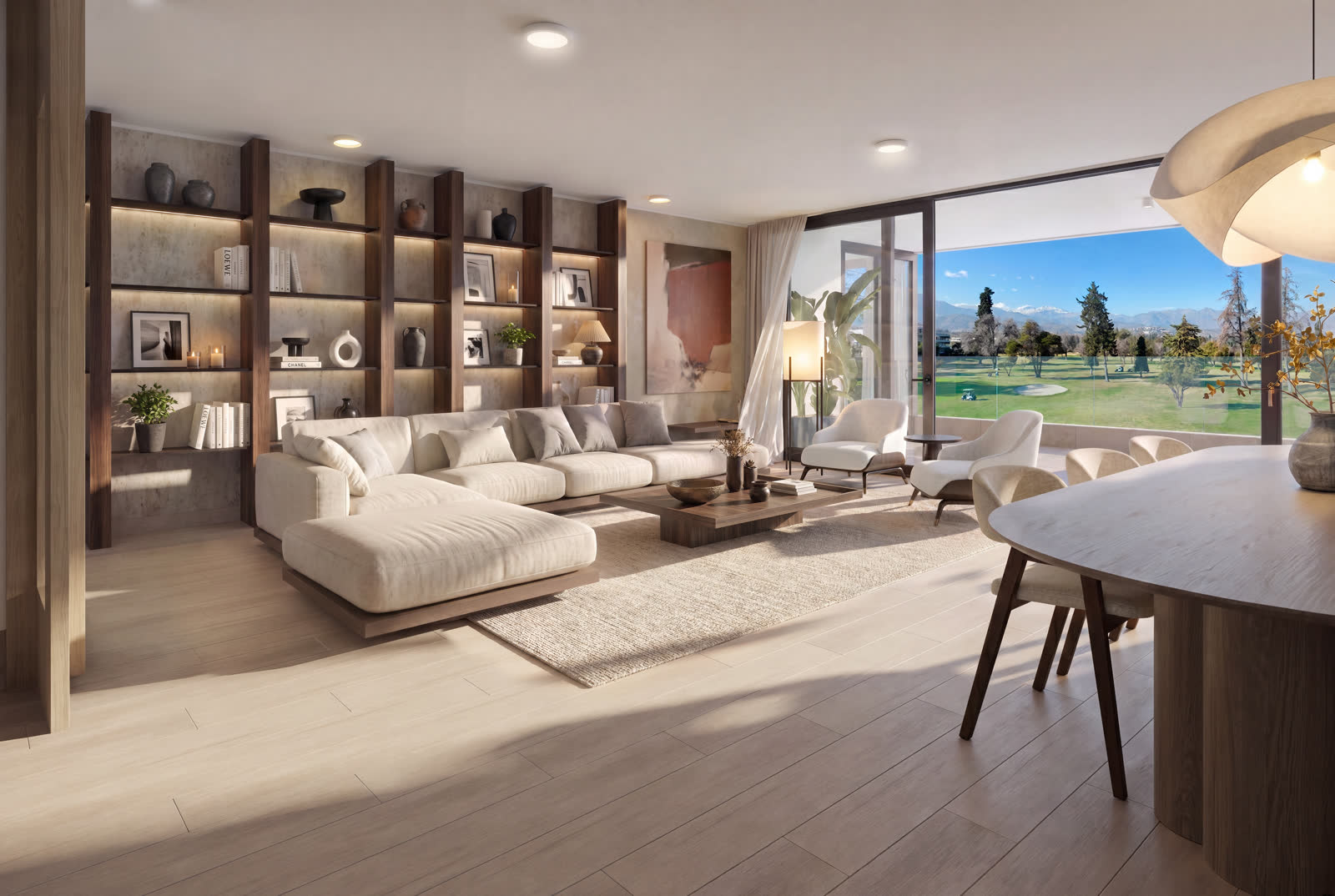 Living comedor del departamento con grandes ventanales de piso a cielo abiertos a la terraza y al green