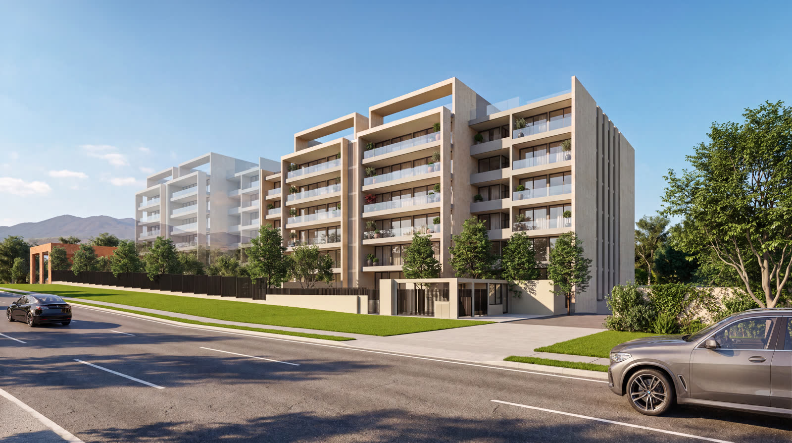 Render oficial de la fachada del edificio Vista Golf II, desarrollado por Inmobiliaria Paz en La Dehesa